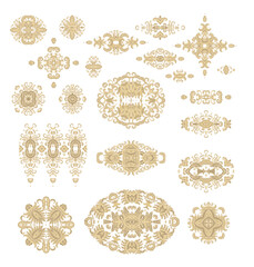 Set of laced decorative vignettes - rosettes, border ornaments on white background	