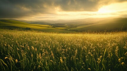 Tranquil Rolling Hills Meadow Landscape with Tall Green Grass Swaying in Summer Breeze Under Clear Blue Sky Perfect for Environmental Themes