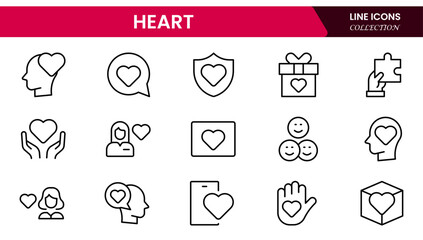 Vector illustration web line icon collection centered on heart symbols, expressing love, health, care, romance, emotion, cardiology, heartbeat, passion, and affection in design.