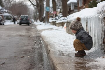 A curious young boy observes melting icicles hanging from a stone wall on a wintery day.