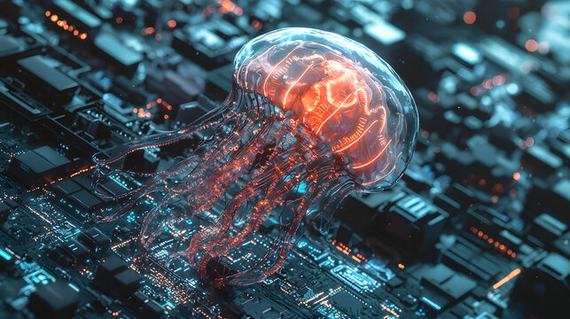 Cybernetic Sea Creature: An ethereal jellyfish, its form illuminated with vibrant energy, floats amidst an intricate circuit board landscape, embodying the fusion of nature and technology.
