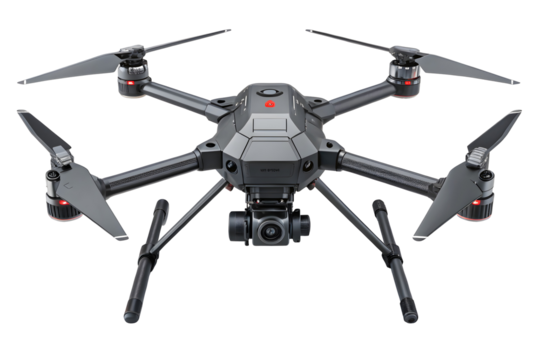 Modern Dark Gray Drone with Blue Lights and Landing Gear Front View.