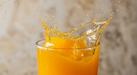 Orange Splash in Glass: Vibrant Juice Burst - Refreshing orange juice splashing into a glass, symbolizing vitality, zest, health, energy, and natural goodness