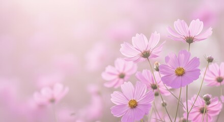 Pastel Pink Cosmos Dream - Delicate pink and lavender cosmos flowers in soft focus, creating a dreamy, peaceful atmosphere. Symbolizing serenity, beauty, gentleness, love