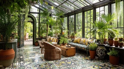 Bohemian-inspired conservatory with exotic plants, patterned tiles, and relaxed, airy seating. 