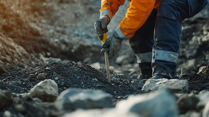 Mine geologist collecting rock core samples from a drilling site. Featuring exploration and geological research