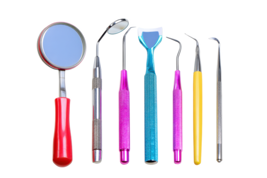 Gleaming Dental Instruments: A Colorful Array of Tools for Oral Care and Hygiene, Isolated on Black for Clinical Clarity and Professional Presentation