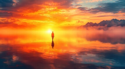 Silhouette woman amidst dreamlike sunset landscape in serene waters