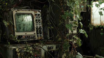 Forgotten Tech Reclaimed by Nature: An old, abandoned monitor sits amidst overgrown foliage, showcasing the captivating interplay between technology and the relentless embrace of the natural world. 