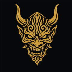 Fototapeta premium Stylized demonic mask in gold on a black background features intricate, symmetrical patterns.
