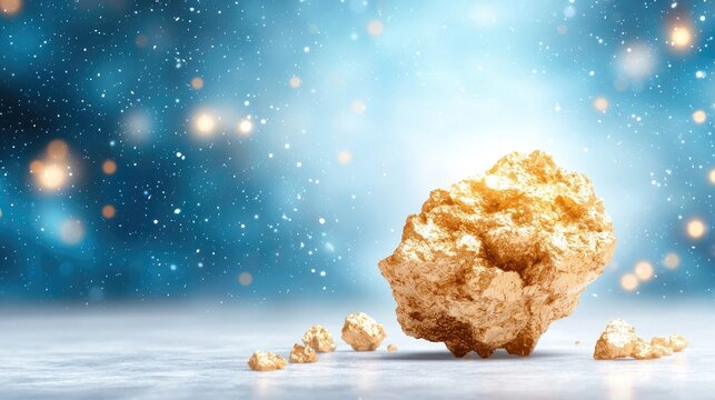 Golden nugget with smaller gold pieces resting on a light surface against a sparkling blue bokeh background.