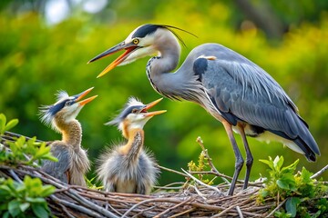 lake, sunset, reflection,, Great blue heron feeding its chicks in a nest with open mouths and green foliage background outdoors
