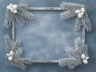 Winter Wonderland Frame: A frosty winter scene featuring snow-covered pine branches artfully arranged to create a rectangular frame on a textured blue background.