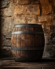 Obraz premium Vintage Wine Barrel in Rustic Cellar Setting with Dramatic Lighting Perfect for Wine and Spirit Industry Content