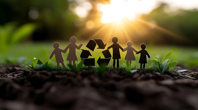 Family stands united around a recycling symbol in nature.
