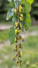 Many Cicada Molts on a Branch, Green Leaves