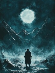 Obraz premium Warrior's Silhouette Against Lunar Landscape Underneath Mountain Peaks