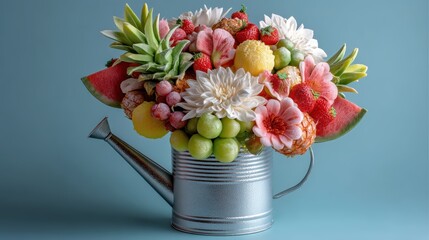 Edible fruit bouquet in a real watering can, with watermelon flowers, grape vines, and pineapple daisies, great for spring events, copyspace for text - decoration summer decorative
