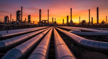 Refinery Sunset Pipeline - Industrial pipes and refinery at sunset. Energy infrastructure, petroleum, industrial landscape