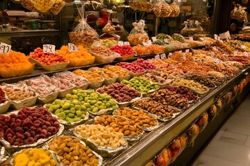 Fototapeta premium Colorful Dried Fruits Nuts Market Stall Display