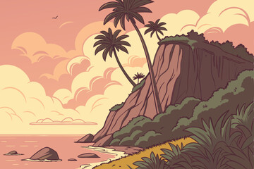 44 Tropical island sunset, towering cliff with palm trees, vibrant sky, pink and orange clouds, golden sun reflection on water, calm sea, rocky outcrops, lush vegetation, dramatic lighting, fantasy la