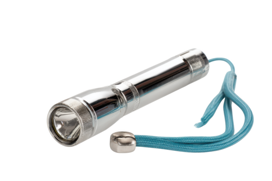 Gleaming Chrome Torch: A Beacon of Light in the Darkness, Ready to Illuminate Any Adventure with its Bright Beam and Teal Woven Strap.