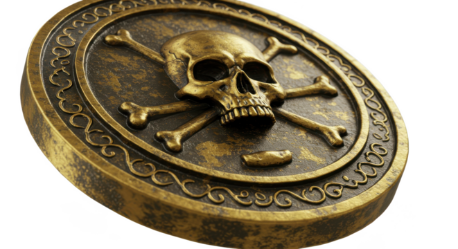 Close up of a bronze coin with a skull and crossbones design on it for pirates and adventure themes