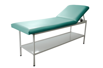 Tranquil Turquoise: An Empty Medical Examination Bed Awaits, Promising Healing and Comfort Against a Stark Black Backdrop.