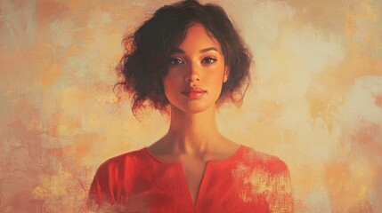 A woman with curly hair gazes confidently into the distance, wearing a bright red top. The soft, warm pastel background creates an inviting atmosphere, highlighting her features