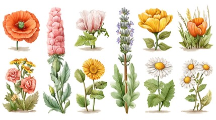 Watercolor Floral Collection Vibrant Pink Snapdragon, Orange Poppies and Daisies