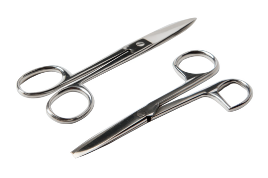 Precision Cut: A Study in Steel and Sharpness, Featuring Two Pairs of Gleaming Surgical Scissors Against a Stark Backdrop