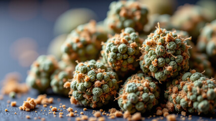 Close-up view of raw cannabis buds with visible THCA crystals on a dark surface.