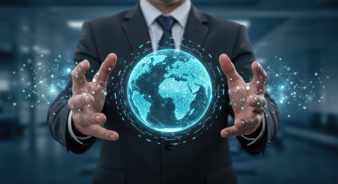 Man in suit holding a glowing globe with world map in hands. - Powered by Adobe