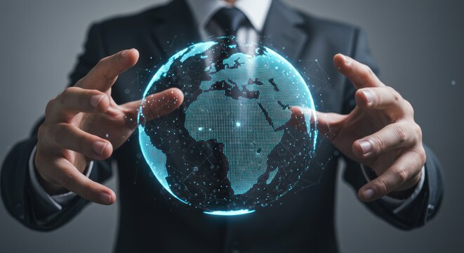A person in a suit holds a glowing digital globe with both hands.