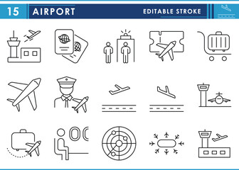 Fototapeta premium A set of line icons related to Airport. Airline, plane, fly, trolley, traveler, pilot, and so on. Vector editable stroke.
