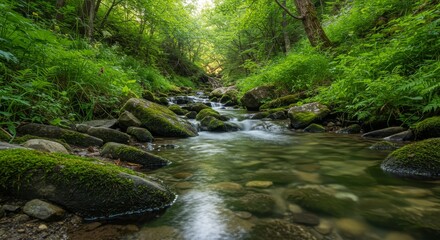 Fototapeta premium Serene Forest Stream - A tranquil stream flows through a lush green forest, sunlight dappling the water and mossy rocks