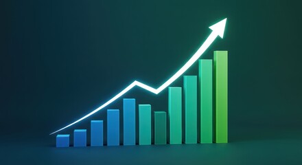 Bar graph showing growth with an upward trending arrow on a dark background.
