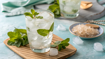 Fototapeta premium A refreshing mojito drink served in a clear glass, garnished with mint leaves and crushed ice, placed on a wooden board. The composition is styled with natural light and a soft aqua background.