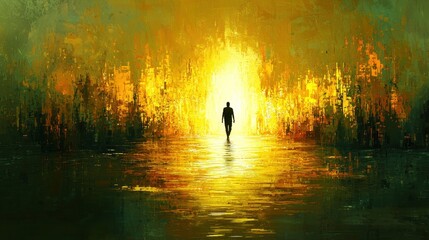 Fototapeta premium Solitary figure walking towards radiant light in abstract landscape painting