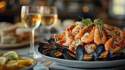 Festive seafood platter with prawns and mussels