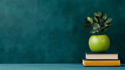 Obraz premium Green Apple with Leaves on Stacked Books against Textured Backdrop for Education Concepts and Creative Projects.