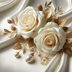White roses on white silk background, wedding and holiday decorations.