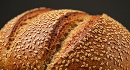 Sesame Seed Artisan Bread Closeup - Golden-brown artisan bread, baked to perfection, generously sprinkled with sesame seeds. Represents craftsmanship, wholesomeness, nourishment