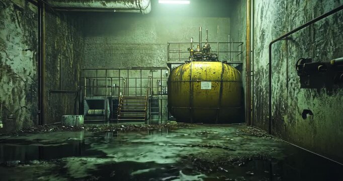Abandoned Industrial Room with Yellow Tank and Green Water