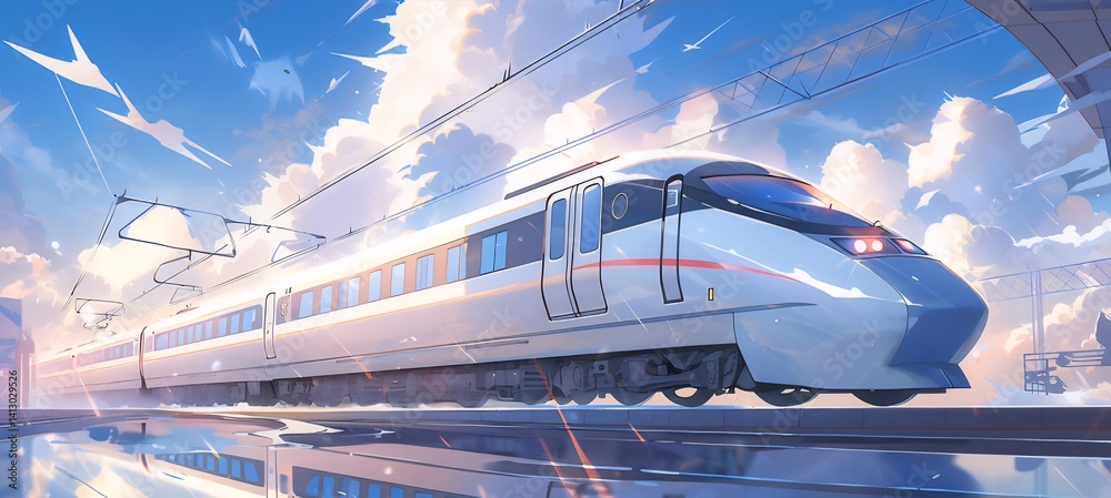 Poster 高速鉄道が青い空の下を走行する様子を表現したイラスト 鮮やかな色彩とピクセルアートスタイルの描写