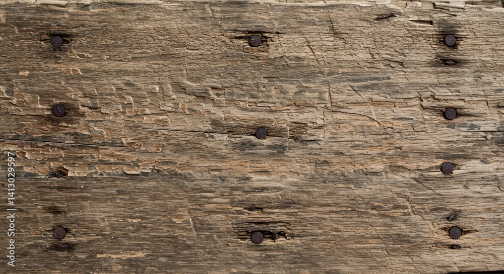 Aufkleber Rustic weathered wooden plank surface with nails displaying texture