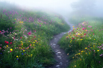 misty path through lush meadow dotted with colorful wildflowers. serene spring landscape evoking tranquility and natural beauty. perfect for nature posters, calendars, backgrounds.