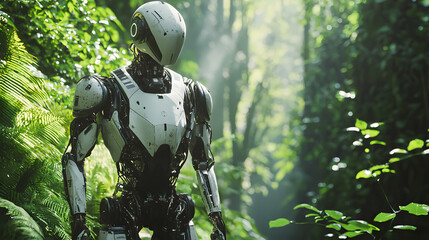 Fototapeta premium Cybernetic Sentinel in Verdant Embrace: A state-of-the-art android stands sentinel amidst lush greenery, a fusion of technology and the untamed wilderness, embodying a futuristic narrative.