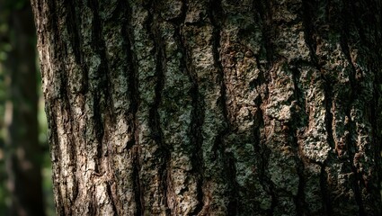 Obraz premium Detailed close up of textured tree bark with deep grooves highlighted by gentle sunlight and shadows A nature lovers dream