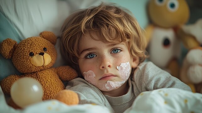 A child resting in bed with chickenpox surrounded by toys and covered in calamine lotion